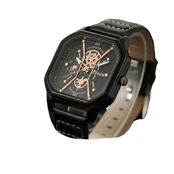 Men's Alloy And Imitation Leather Square Double Layer Shell Sports Casual Bracelet Set Quartz Watch