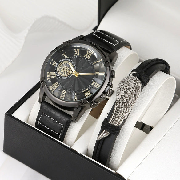 Men's Alloy And Imitation Leather Wings Bracelet Set With Round Dial Quartz Watch Simple Sports Style