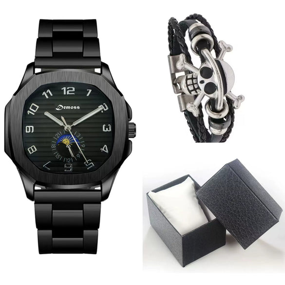 Men's Alloy And Pu Band Digital Quartz Watch With Skull Head Design And Round Dial