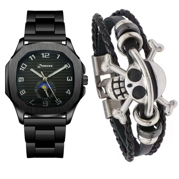 Men's Alloy And Pu Band Digital Quartz Watch With Skull Head Design And Round Dial