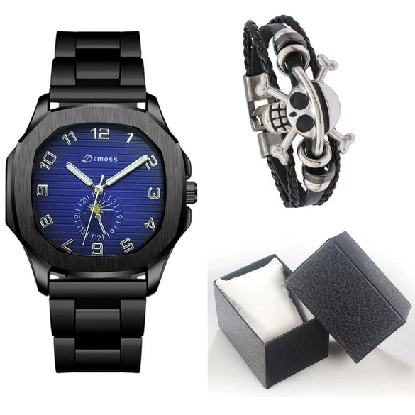 Men's Alloy And Pu Band Digital Quartz Watch With Skull Head Design And Round Dial