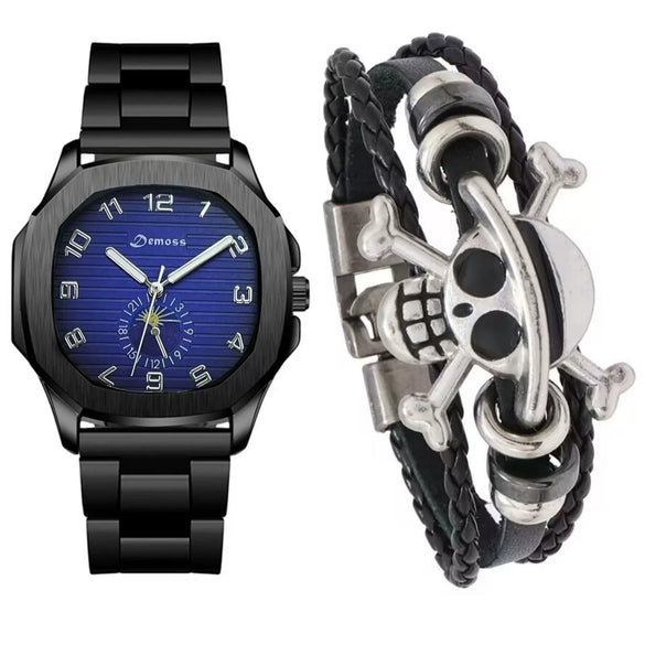 Men's Alloy And Pu Band Digital Quartz Watch With Skull Head Design And Round Dial