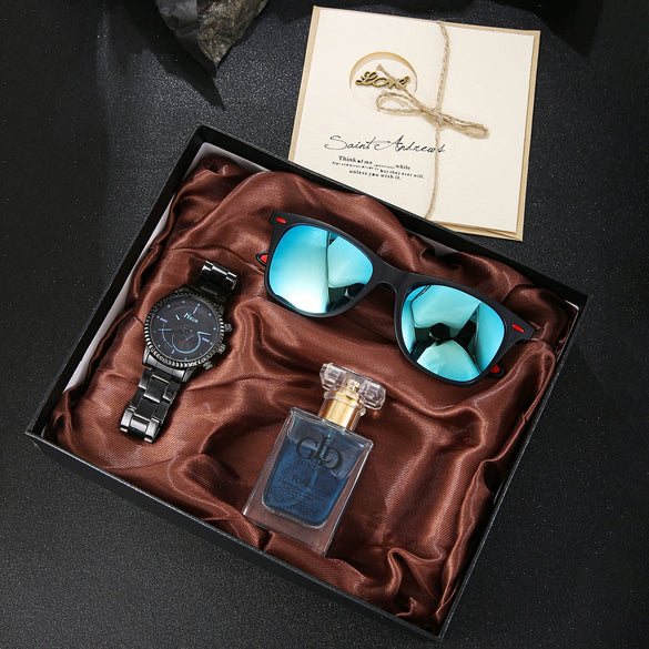 Men's Alloy And Stainless Steel Band Fashion Round Dial Gear Dial Quartz Watch 4Piece Gift Box Set