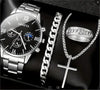Men's Alloy And Stainless Steel Business Style Round Dial Quartz Watch And Ring Cross Necklace Bracelet