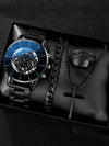 Men's Alloy And Stainless Steel Business Style Round Dial Quartz Watch And Ring Cross Necklace Bracelet
