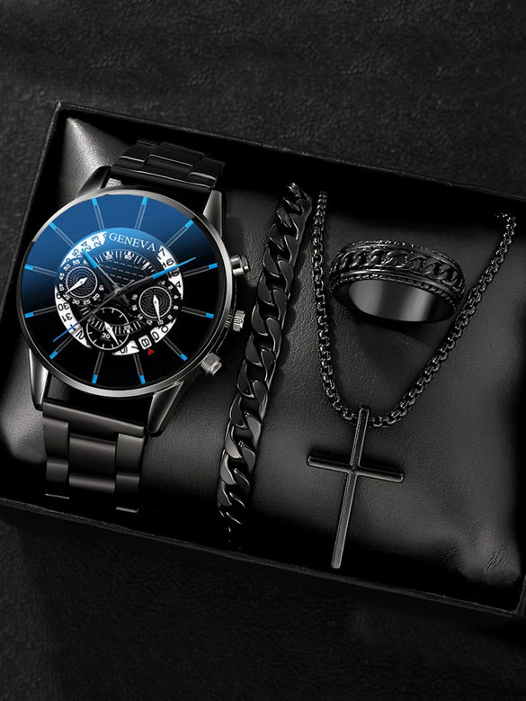 Men's Alloy And Stainless Steel Business Style Round Dial Quartz Watch And Ring Cross Necklace Bracelet