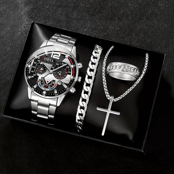 Men's Alloy And Stainless Steel Business Style Round Dial Quartz Watch And Ring Cross Necklace Bracelet