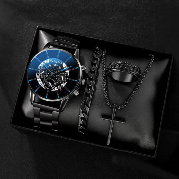 Men's Alloy And Stainless Steel Business Style Round Dial Quartz Watch And Ring Cross Necklace Bracelet
