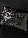 Men's Alloy And Stainless Steel Business Style Round Dial Quartz Watch And Ring Cross Necklace Bracelet