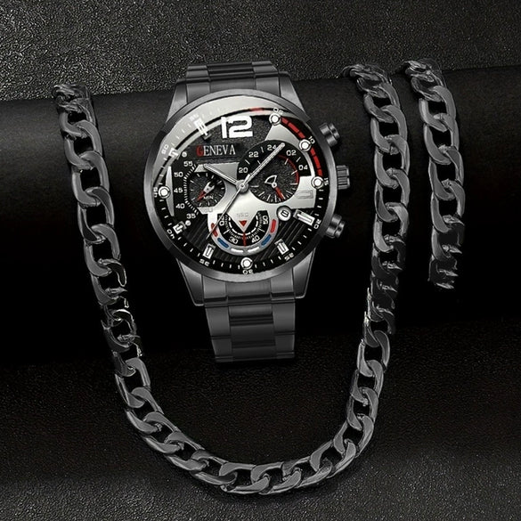 Men's Alloy And Stainless Steel Business Style Round Dial Quartz Watch And Ring Cross Necklace Bracelet