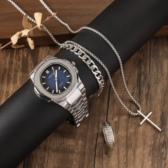 Men's Alloy And Stainless Steel Business Style Round Dial Quartz Watch And Ring Cross Necklace Bracelet