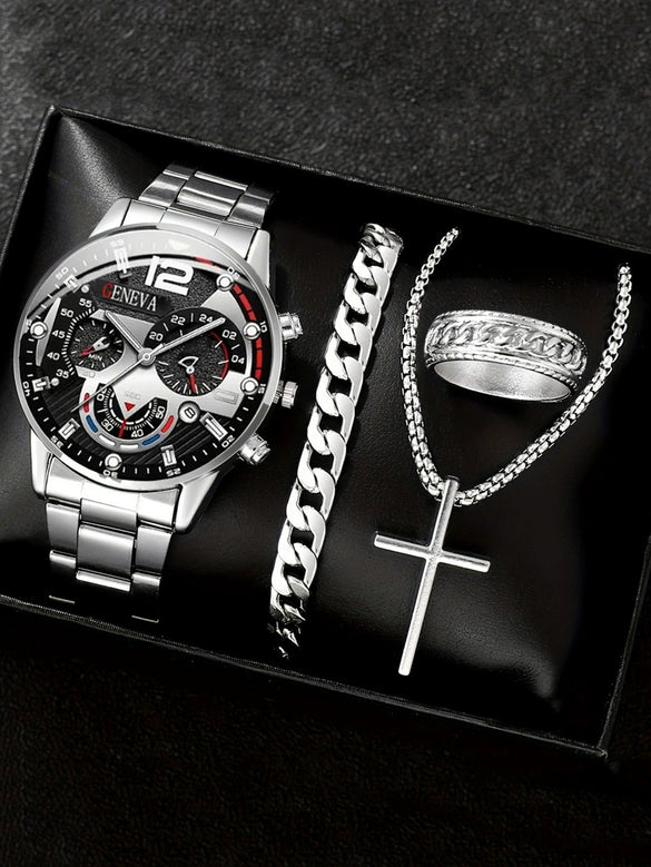 Men's Alloy And Stainless Steel Business Style Round Dial Quartz Watch And Ring Cross Necklace Bracelet