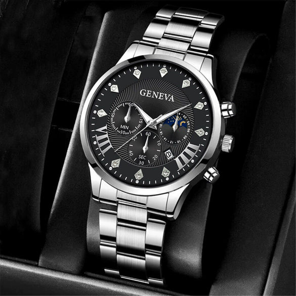Men's Alloy And Stainless Steel Business Style Round Dial Quartz Wrist Watch With Horseshoe Buckle