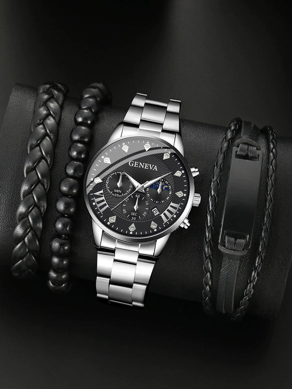 Men's Alloy And Stainless Steel Business Style Round Dial Quartz Wrist Watch With Horseshoe Buckle