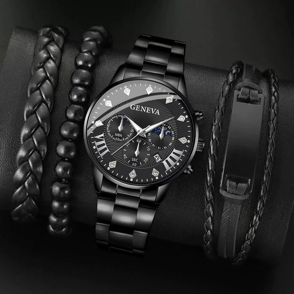 Men's Alloy And Stainless Steel Business Style Round Dial Quartz Wrist Watch With Horseshoe Buckle