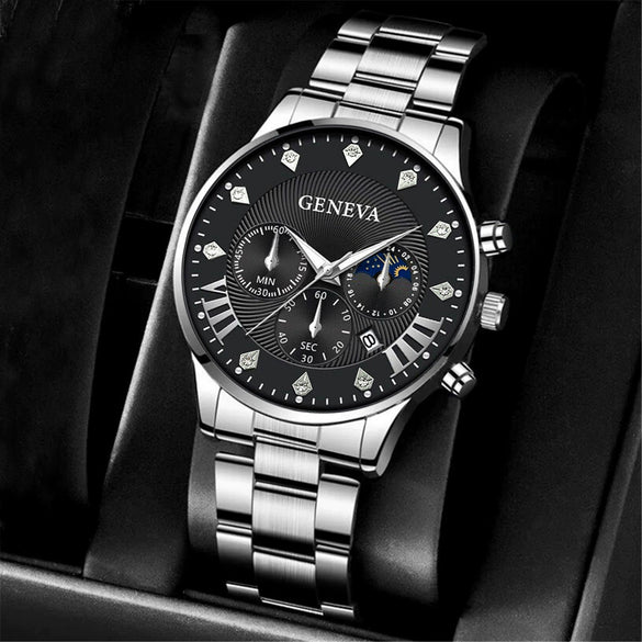 Men's Alloy And Stainless Steel Business Style Round Dial Watch With Horseshoe Buckle