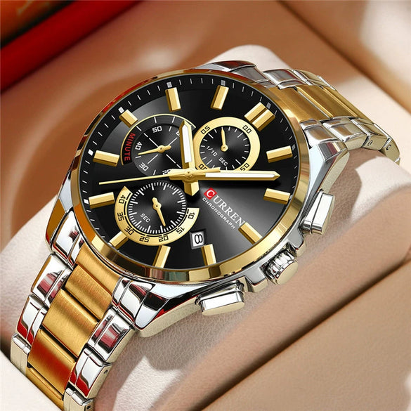 Men's Alloy And Stainless Steel Casual Round Dial Waterproof Watch With Sixpin Chronograph And Calendar
