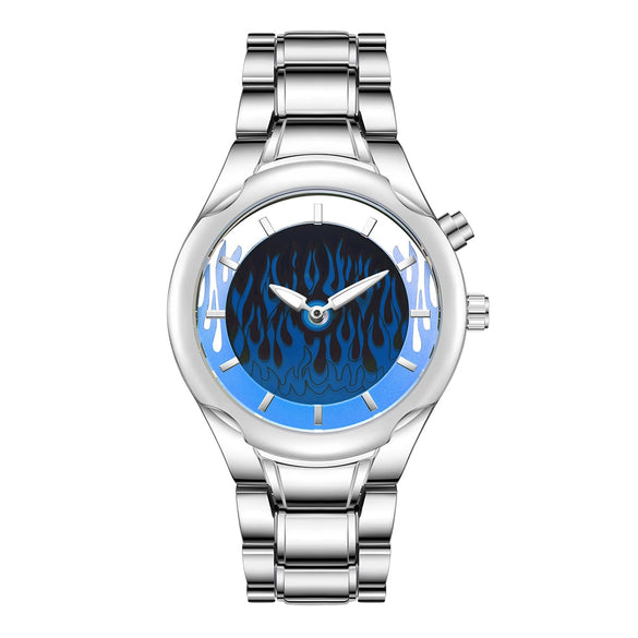 Men's Alloy And Stainless Steel Round Dial Waterproof Quartz Watch Retro Creative Dynamic Flame Design