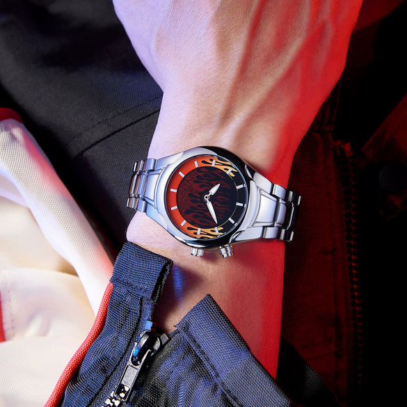 Men's Alloy And Stainless Steel Round Dial Waterproof Quartz Watch Retro Creative Dynamic Flame Design