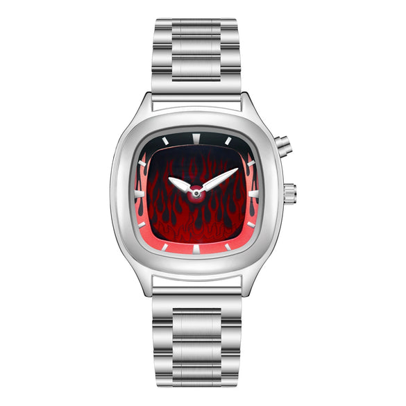 Men's Alloy And Stainless Steel Round Dial Waterproof Quartz Watch Retro Creative Dynamic Flame Design