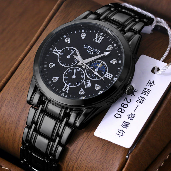Men's Alloy And Stainless Steel Waterproof Quartz And Automatic Movement Round Dial Luminous Watch With Onion Crown And Bilateral Button Clasp