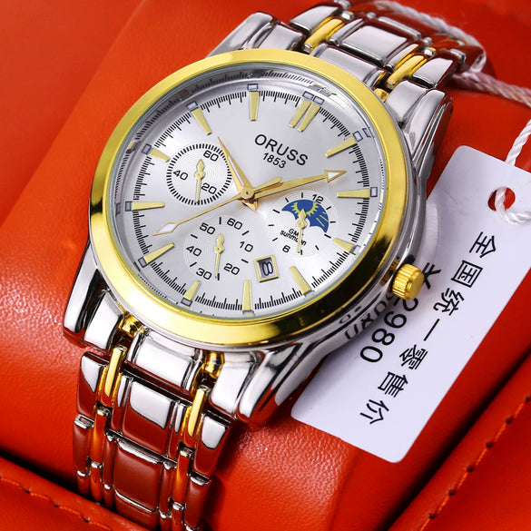 Men's Alloy And Stainless Steel Waterproof Quartz And Automatic Movement Round Dial Luminous Watch With Onion Crown And Bilateral Button Clasp