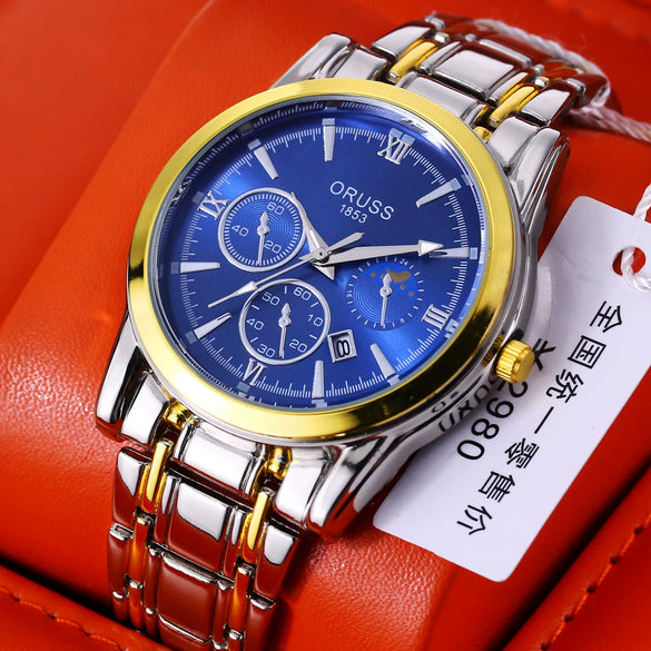 Men's Alloy And Stainless Steel Waterproof Quartz And Automatic Movement Round Dial Luminous Watch With Onion Crown And Bilateral Button Clasp
