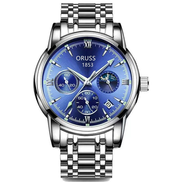 Men's Alloy And Stainless Steel Waterproof Quartz And Automatic Movement Round Dial Luminous Watch With Onion Crown And Bilateral Button Clasp