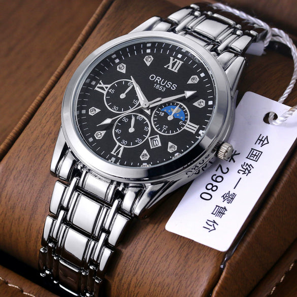 Men's Alloy And Stainless Steel Waterproof Quartz And Automatic Movement Round Dial Luminous Watch With Onion Crown And Bilateral Button Clasp
