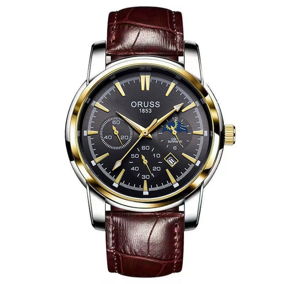 Men's Alloy And Stainless Steel Waterproof Quartz And Automatic Movement Round Dial Luminous Watch With Onion Crown And Bilateral Button Clasp