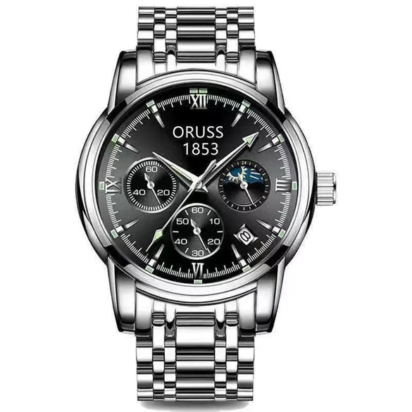 Men's Alloy And Stainless Steel Waterproof Quartz And Automatic Movement Round Dial Luminous Watch With Onion Crown And Bilateral Button Clasp