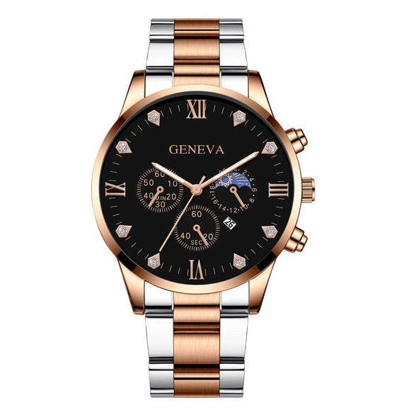 Men's Alloy Band Business Style Round Dial Quartz Watch With Sun Moon And Stars And Roman Numerals