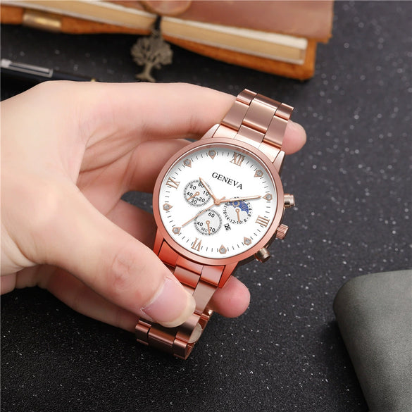 Men's Alloy Band Business Style Round Dial Quartz Watch With Sun Moon And Stars And Roman Numerals