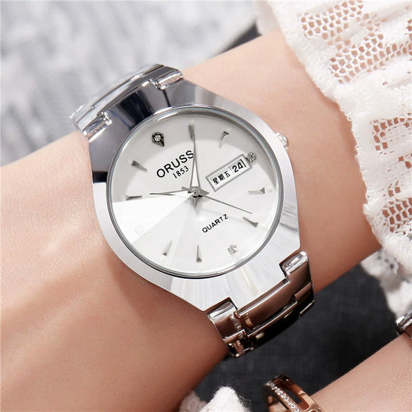 Men's Alloy Band Quartz Watch Business Luminous Double Calendar Casual Round Dial Watch