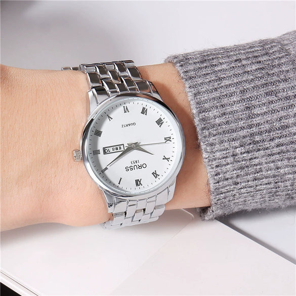 Men's Alloy Band Quartz Watch Business Luminous Double Calendar Casual Round Dial Watch