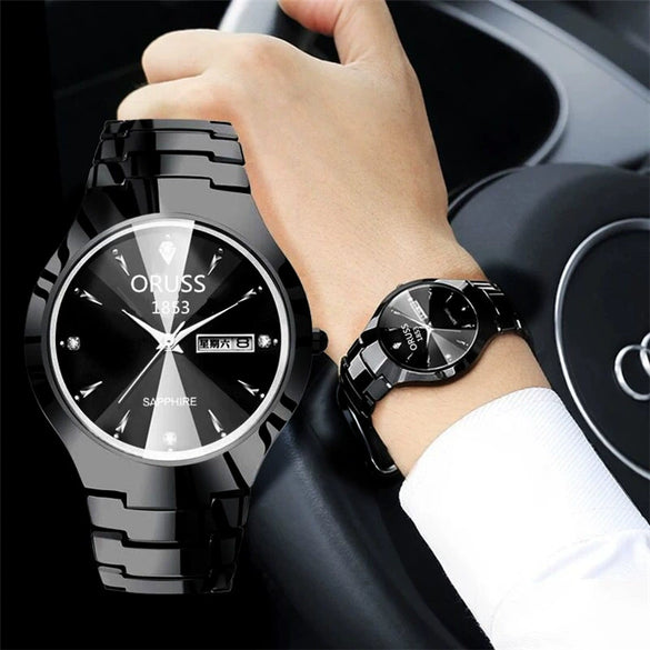 Men's Alloy Band Quartz Watch Business Luminous Double Calendar Casual Round Dial Watch
