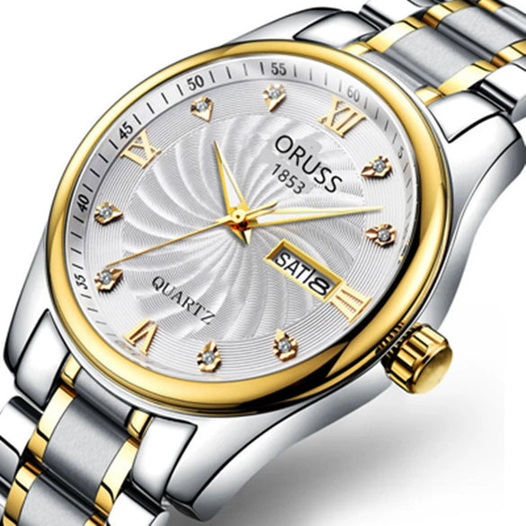 Men's Alloy Band Quartz Watch Business Luminous Double Calendar Casual Round Dial Watch