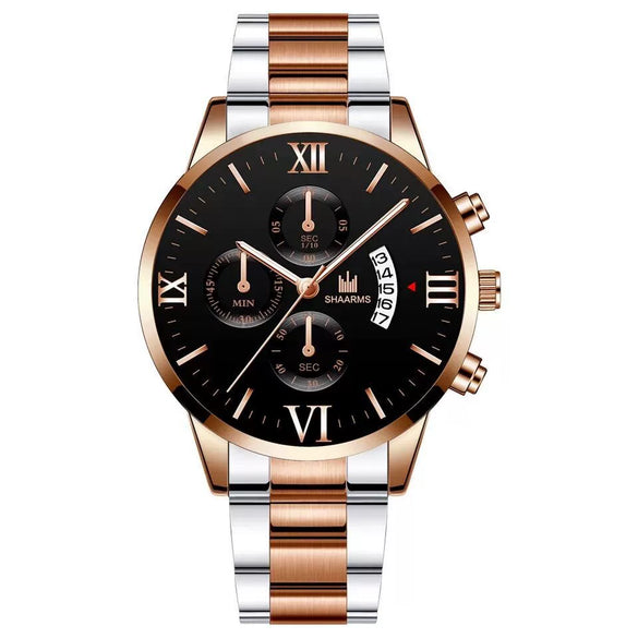 Men's Alloy Band Quartz Watch With Round Dial And Horseshoe Buckle Simple Roman Scale Fashionable And