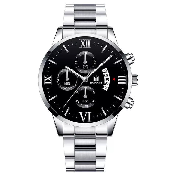 Men's Alloy Band Quartz Watch With Round Dial And Horseshoe Buckle Simple Roman Scale Fashionable And