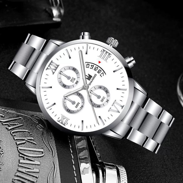 Men's Alloy Band Quartz Watch With Round Dial And Horseshoe Buckle Simple Roman Scale Fashionable And