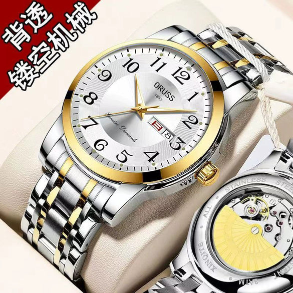 Men's Alloy Band Round Dial Fashion Trend Automatic Fake Mechanical Waterproof Luminous Double Calendar Watch