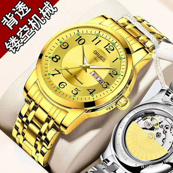 Men's Alloy Band Round Dial Fashion Trend Automatic Fake Mechanical Waterproof Luminous Double Calendar Watch