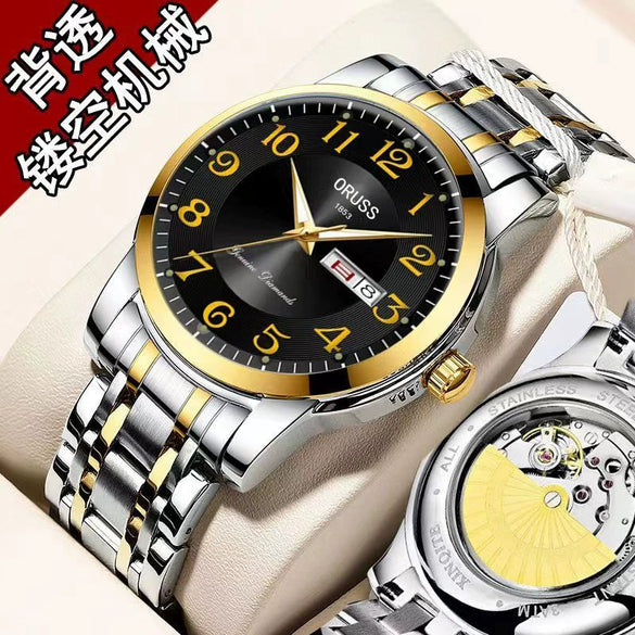 Men's Alloy Band Round Dial Fashion Trend Automatic Fake Mechanical Waterproof Luminous Double Calendar Watch