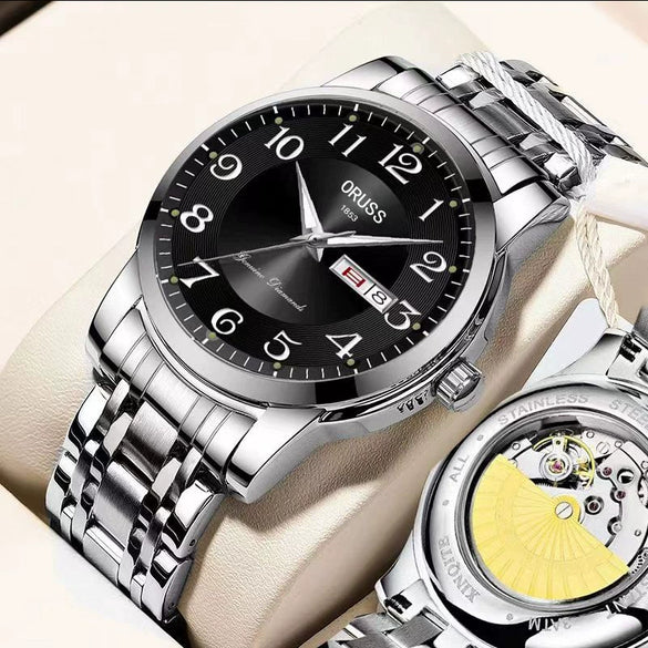 Men's Alloy Band Round Dial Fashion Trend Automatic Fake Mechanical Waterproof Luminous Double Calendar Watch