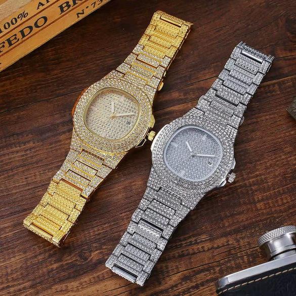 Men's Alloy Band Square Quartz Watch With Diamonds Hiphop Punk Style