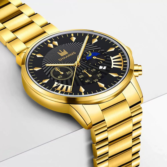 Men's Alloy Belt Casual Nonmechanical Calendar Watch With Round Dial And Printed Logo
