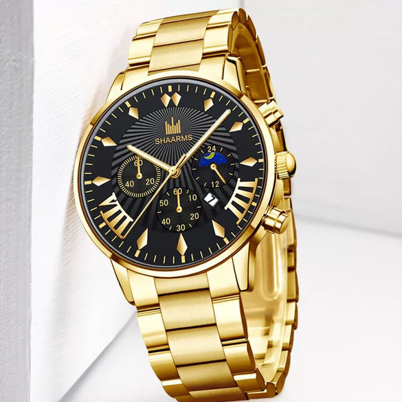 Men's Alloy Belt Casual Nonmechanical Calendar Watch With Round Dial And Printed Logo