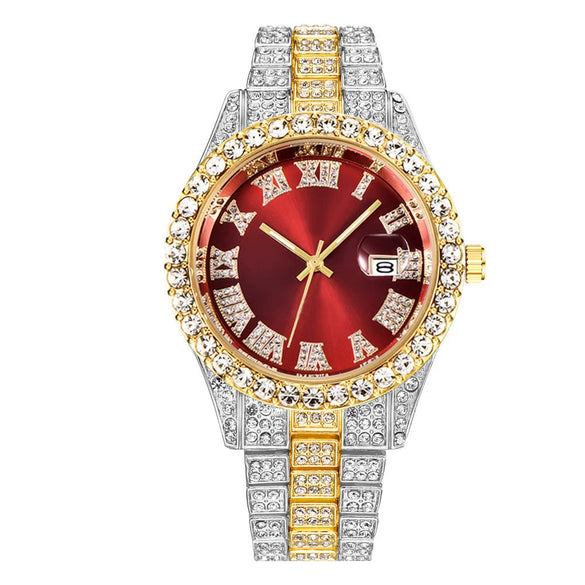 Men's Alloy Belt Quartz Watch Hiphop Business Style Round Dial With Calendar And Full Diamond Design