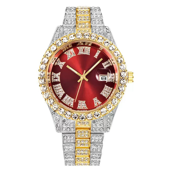 Men's Alloy Belt Quartz Watch Hiphop Business Style Round Dial With Calendar And Full Diamond Design