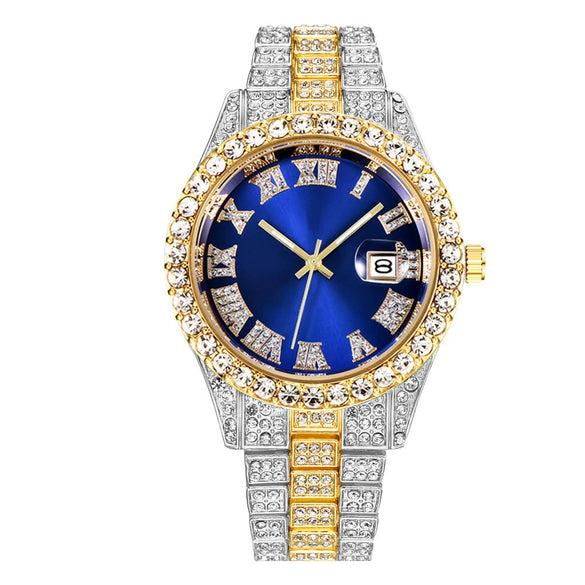 Men's Alloy Belt Quartz Watch Hiphop Business Style Round Dial With Calendar And Full Diamond Design